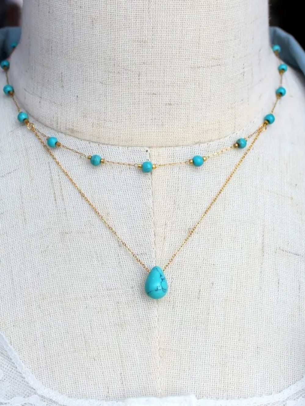 Gold Filled Layered Turquoise Bead Teardrop Necklace